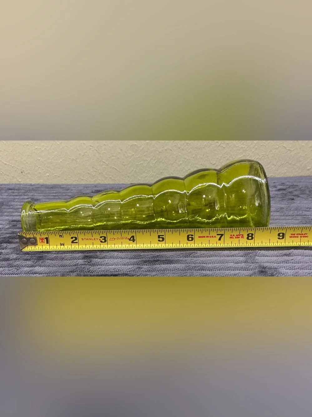 French Vintage MCM Olive Green Ribbed Glass Beehive Vase Retro Reims Art Glass